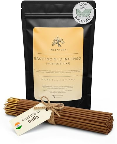 Incensera Set d’Encens Naturel – 100 encens Baton (5x20) - Frankincense, Bois de Santal, Nag Champa Encens, Jasmin & Musc Ambré – Longue Combustion – Méditation, Yoga, Relaxation