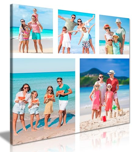 Personalised Canvas Print – 5 Photo Collage Square Custom Wall Art, Framed | Ready to Hang, Fade-Resistant Inks, Photo Gifts for Mum Dad Birthday Christmas, Family Pictures for Walls, Sizes 12-30 Inches