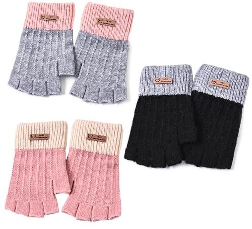 Ulvironte 3 Pairs Fingerless Gloves For Women, Winter Thermal Gloves, Women's Warm Knit Half Fingers-Glove, Thickened Knit Touchscreen-Glove for Ladies Driving Working, Skiing, Cycling, Office Typing