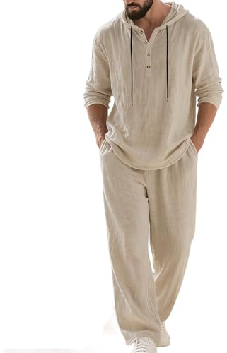 Ensemble Homme 2 Pièces en Lin Printemps Été 2026,T-Shirt À Capuche Et Pantalon Tenues D'Été Manches Longues Ensemble Jogging Homme Chemise Boutonnée Survêtement Ensembles Streetwear Loisirs