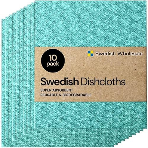Swedish Wholesale Dishcloths Reusable 8 x 7 Sponge Cloths, Bulk 10 Pack of High Absorbent Cellulose Dish & Kitchen Cleaning Hand Towels, Wring to Dry & Machine Wash, Odor Resistant, Seafoam