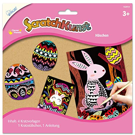 Mammut 162014 - Kratzbilder ScratchKunst, Bastelset mit Motiv Häschen, Komplettset mit 4 Kratzvorlagen, Kratzstäbchen und Anleitung, Scraper, kreatives Kratzset für Kinder ab 3 Jahre