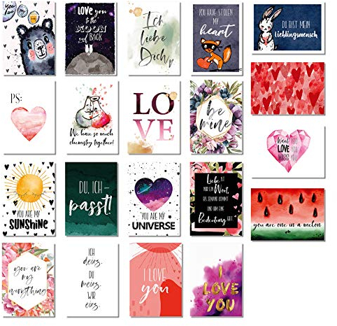 20er Postkarten Set Liebes Postkarten - Liebe, Freundschaft, Geburtstag, Valentinstag - DIN A6-20 verschiedene liebevolle Motive