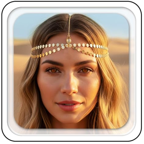 Aukmla Boho Sequins Head Chain Festival Headpiece Hair Chains Fashion Headband Hair Jewelry for Women (Gold)