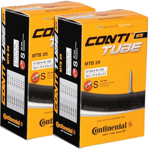 Continental MTB 26x1.75-2.5 / 47-584 -> 62-584 Inner Tubes - 42mm Presta Valve (Pack of 2 Tubes) (Retail Packaging, 26x1.75-2.50)