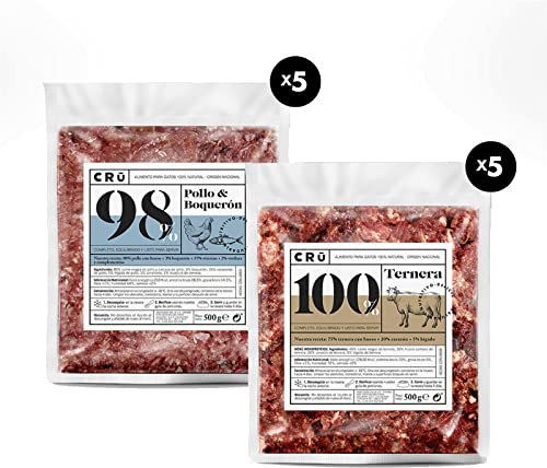 CRU - Comida Natural cruda para Gatos. Menú Barf. Congelado - Caja Personalizable de 10 Paquetes Variados de 500g (Pollo&Boquerón + Ternera)