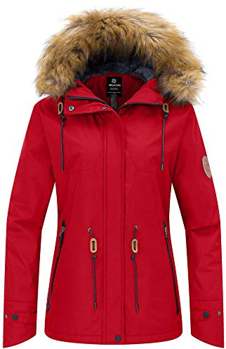 Wantdo Women's Waterproof Ski Jacket Hooded Winter Snow Coat Mountain Snowboarding Jackets Insulated Fleece Parka Red L