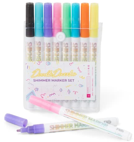 DoodleDazzles Shimmer Markers Set, Double Line Outliner Marker, Metallic Pens, Gifts for Girls, Boys, Kids, Women, etc., School Supplies Great For Drawing, Craft, & more, 8 ct