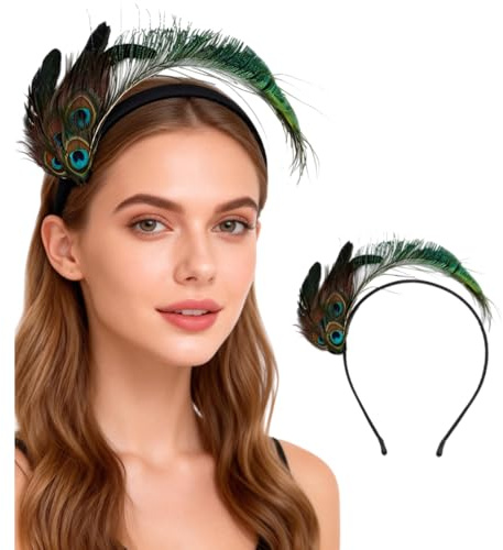 Beavorty Bandeau à plumes de paon - Bandeau vintage - Barrettes à cheveux - Couronne en plumes - Boucles d'oreilles - Plume de paon - Bandeaux pour femme - Costume de demoiselle Bohême