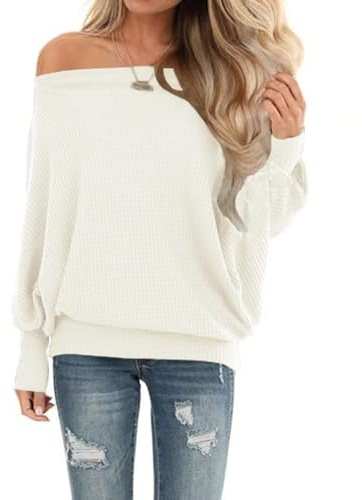 Dressmine Sexy Tops for Women Cold Shoulder Long Sleeve Oversized t Shirts Waffle Knitted Off The Shoulde Casual Pullover White Size 8