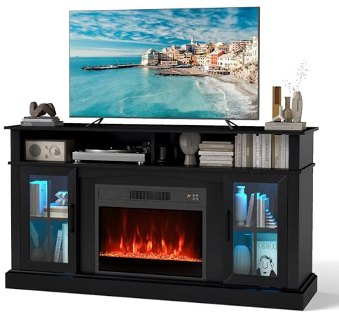COSTWAY Electric Fireplace Insert TV Stand, Entertainment Center Console Table with Adjustable Flame, Overheat Protection Fire Heater & Remote (Black, with RGB LED Lights, 23” Fireplace, for 65” TV)