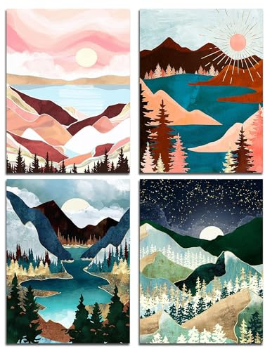 Muzagroo Art Adult Diamond Painting Set, DIY 5D Diamond Art Kits for Beginners, Abstract Landscape Art and Craft for the Living Room, 4 Wall Art Pieces for