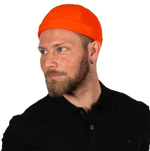 HATSQUARE - Casquette Docker en Coton, Unisexe, sans Bord, Motif tête de Mort, Bonnet sans Bord, à Revers, pour Homme et Femme - Orange