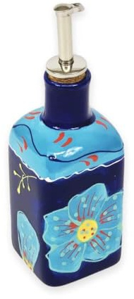 Verano Spanish Ceramics Classic Spanish Hand Painted Squared Oil Drizzler - Home Décor Restaurant Café Kitchen Dining Tabletop Décor Vinegar Server with Cork & Chrome Pourer - 250ml Blue Flower