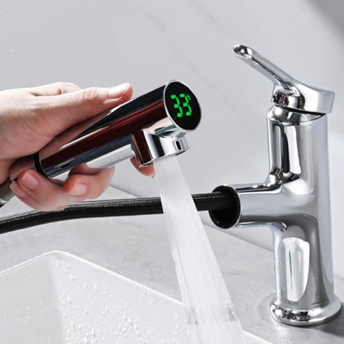DETBOM Mitigeur Lavabo LED Intelligent avec Douchette Extractible à 2 Modes, Robinet Salle Bain avec Affichage Numérique de Température, Production Hydroélectrique, Chromé