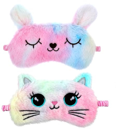 2 mascherine per gli occhi in peluche, morbide, per dormire, comode, graziose, con animali, in raso, per donne e uomini, idea regalo (multicolore, stile gatto e coniglio)