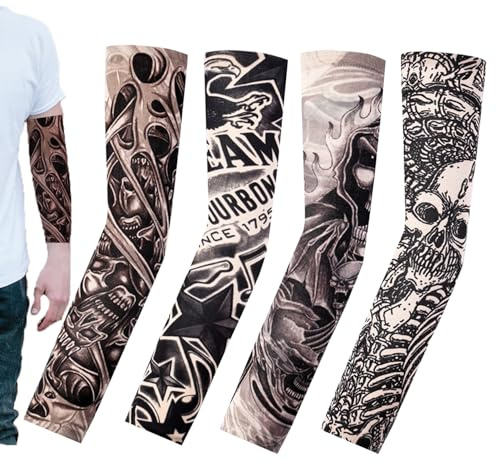 UHMC Fake Tattoos, 4 Pieces Tattoo Sleeves For Men, Temporary Tattoos For Men, Art Arm Fake Tattoo Sleeves Cover For Men Women, Nylon Elastic Arm Stockings Tattoo Hip Hop Sun Block Sleeves