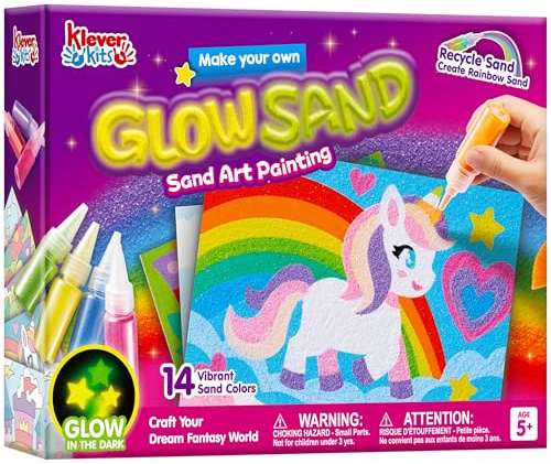 JOVA Klever Kits Glow Sand Art Kits for Kids, Glow in The Dark Sand Painting with 14 Colors, Kids Crafts, 6 Fantasy Templates & 4 DIY Sheets, Mess Free Arts and Crafts, Gifts for Girls Ages 5+