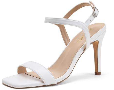 GENSHUO Sandali da Donna con Tacco, Punta Aperta Tacco Alto 8 cm, Sandali in Raso Scarpe Eleganti Estive Abito da Ballo per Feste Slingback con Cinturino alla Caviglia, bianco opaco, 42 EU