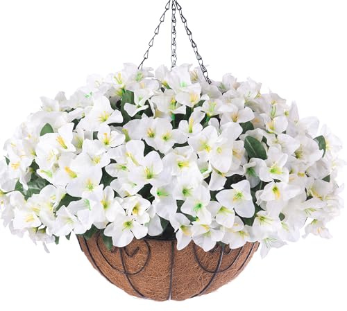Artificial Hanging Flowers Faux Plants Basket for Outdoors Spring Summer Decor, Fake Silk Bougainvillea in Planter Outdoor Look Real UV Resistant Faux Flower for Outside Porch Patio Garden Home, White