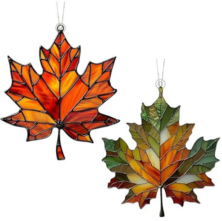 2PCS Maple Leafs Stained Glass Window Hanging, Maple Leafs Stained Acrylic Window Hanging Ornament, Fall Leafs Decorations Window Wall Hanging Ornament for Wall Window Door Festival Decor