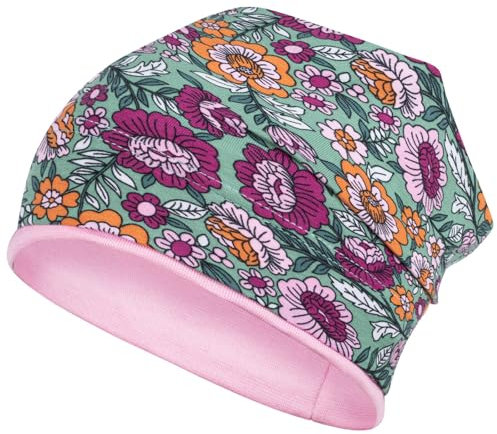 Smarilla Mädchen Mütze Übergangsmütze Beanie Blumen Frühling Herbst Baumwolle, Bekleidungsgröße: 54-56, Farbe: Grün-Rosa