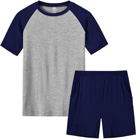 MoFiz Garçon Ensembles de Pyjama Doux Vêtements de Nuit Décontractés Manche Courte Haut et Shorts avec Poches 8-18 Ans
