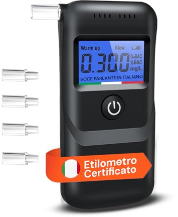 Wintem Etilometro Portatile ad Alta Precisione - Alcool Test Digitale con Assistente Vocale in Italiano e Display LCD - Sensore Avanzato, Risultato in 3 Secondi - Include 5 Boccagli Igienici Lavabili