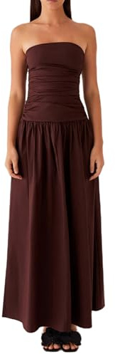 Felcia Women Summer Strapless Tube Maxi Dress Off Shoulder Sleeveless Ruched Bodycon Bandeau Long Dress Backless Casual Flowy Sundress (Dark Brown A, M)