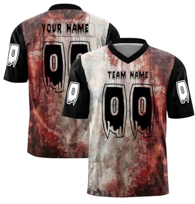 Custom Halloween American Football Jersey for Men Women Youth Personalised Bloody Handprint & Skeleton Design Football Shirt with Name Number Horror Short Sleeves Costume for Party
