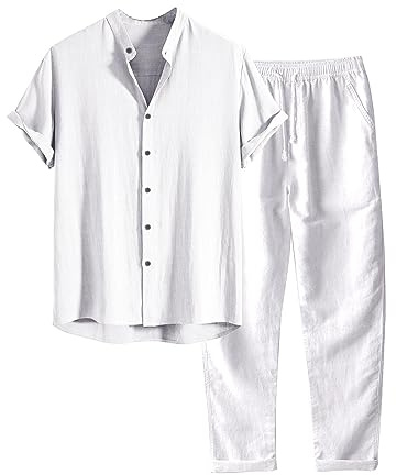 Generico Completo Lino Estivo da Uomo 2 Pezzi Tuta Uomo Estiva Casual per Spiaggia Tuta Completa in Cotone E Lino Maglietta + Pantaloni con Coulisse Elegante Set Uomini