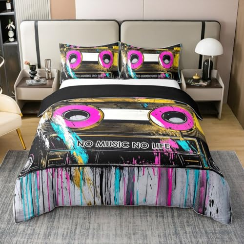 Feelyou Music Duvet Cover 100% Cotton Queen Size Cassette Tape Music Bedding Set for Boys Girls Retro Trendy Comforter Cover Bedroom Decor 3Pcs Zipper Closure with 2 Pillowcases