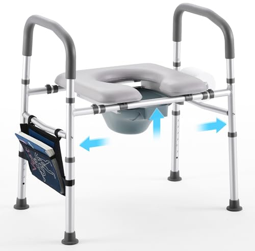 Bedside Commode for Seniors, Commode Chair with Adjustable Width and Height, 400 LBS Weight Capacity, 16.9 Inch Extra Large Soft Seat Plate