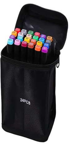 Alcohol Markers,Dual-Tip Pens, Fine (1mm) & Chisel (6mm) Nibs, Double-Ended Art Pens for Drawing, Sketching, Manga & Anime, With Durable Carry Case, Coloured Marker Pens for Adults, Kids (24pcs)