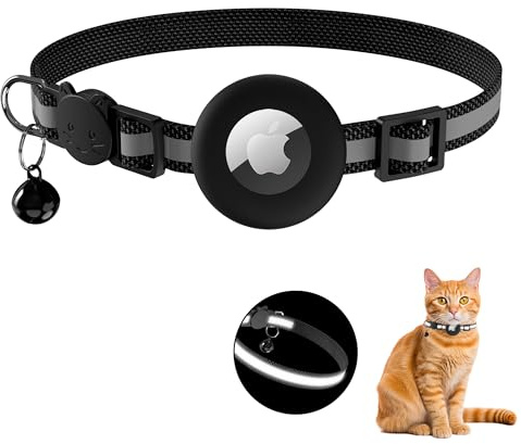 Airtag Cat Collar with Bell and Safety Closure, Reflective Cat Collar, Adjustable Size, Apple AirTag Protective Cover for Cats (Black 01)