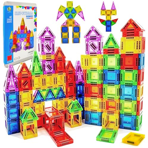 Cuackamily 104 pièces Carreaux Magnétiques, Jouets Blocs de Construction | Montessori Mini Jeux Éducatifs Set Voyage Tuiles, 3D Jouet Plus Forts pour Garçons Filles Enfants Cadeaux Noël Anniversaire
