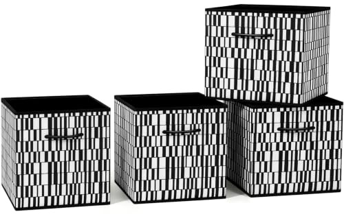 Collapsible Fabric Storage Cubes, Pack of 4 Foldable Boxes with Handles | Geometric Block Stripe 27 x 27 x 27 cm | Non-Woven Fabric | Open-Top Cube Shelf Baskets For Wardrobes,Toys,Clothes & Nursery