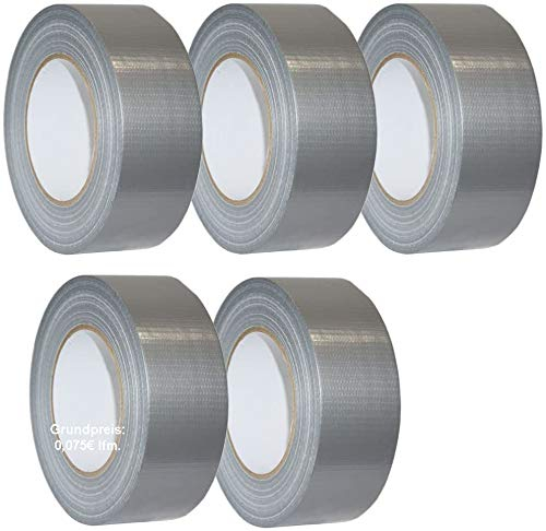 5x Klebeband Panzertape Gewebeklebeband Gewebeband Steinband 48mm x 50m Rolle reisfest Silber