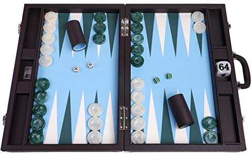 Wycliffe Brothers Backgammon Turneringsset 53 x 73 cm - Masters Edition - brunt fodral av konstläder - spelyta i blått med gröna och vita prickar - professionellt Backgammon-lekset