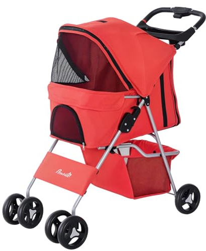 PawHut Passeggino per Cani Piccoli Pieghevole, Carrozzina per Cani con Ruote con Freni, Portabicchieri, Cestino Portaoggetti, 3 Finestre e Ruote Anteriori a 360°, per Animali Domestici 10 kg, Rosso