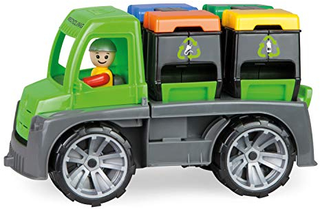 Lena 04453 - Truxx Recycling Truck Müllwagen, Müllfahrzeug ca. 26 cm, robuster Müll LKW, Müllauto mit Funktion, 2 Doppel Mülltonnen und vollbeweglicher Spielfigur, für Kinder ab 2 Jahre, grün