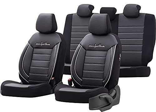 Universelle Leder/Stoff Sitzbezüge 'Comfortline' Schwarz/Grau + Weißes Rand - 11-Teilig- - kompatibel mit Side-Airbags
