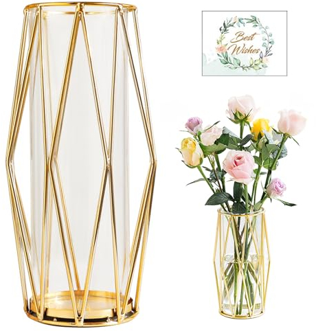 SAMISO Vase Décoratif Design avec Support Métallique Géométrique Or 27cm, en Verre pour Plantes Hydroponiques et Fleurs, Centre De Table pour Mariage à Domicile