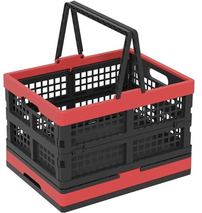 Qskely 2 Pack Collapsible Shopping Basket with Handles, 15 L Plastic Folding Storage Crates, Stackable Collapsible Crate with Handle