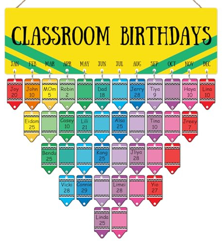 JarThenaAMCS Calendario de cumpleaños para colgar en la pared con 100 etiquetas de crayones de madera para decoración de fiesta de regreso a clases