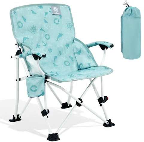 EVER ADVANCED Kids Camping Chairs with Cup Holder, Padded Folding Camping Chair Outdoor with Safety Lock, Carry Bag, Lightweight Portable Camp Chairs for Beach, Balcony, Patio, Supports 150lbs, Green
