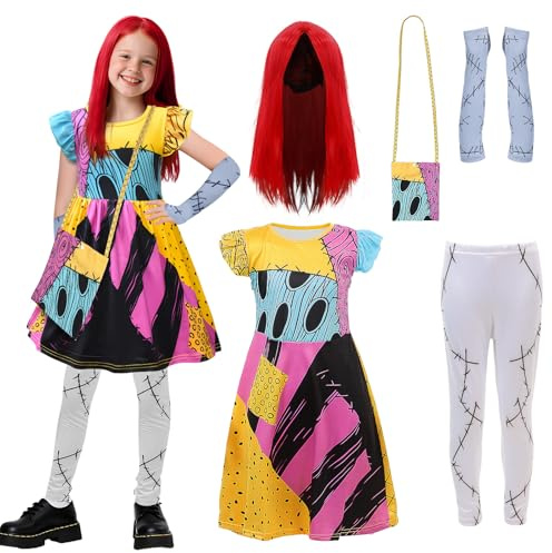 Sally Costume pour fille Sally Robe avec perruque rouge Noël, manchettes, pantalon long, sac à bandoulière, film d'horreur effrayant, transformation de cadeau pour Halloween, carnaval, fête (110cm)