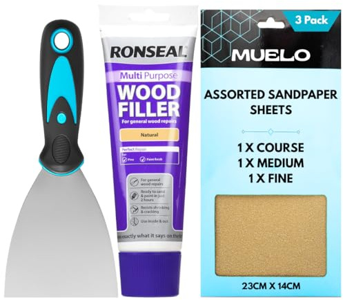 Ronseal Natural Wood Filler Tube 325g – Strong Wood Putty for Oak, Pine & MDF – Includes 3” Muelo Metal Filler Tool & 3 Sandpaper Sheets (Medium, Coarse, Fine) for Wood Repairs