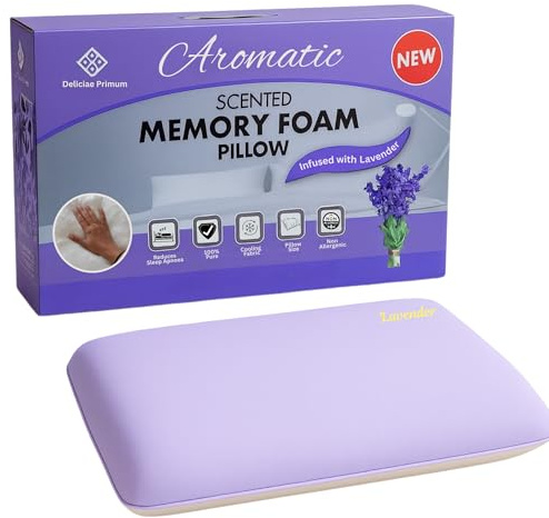 Luxury Lavender Scented Memory Foam Pillow – Premium Comfort with Breathable & Hypoallergenic Cooling Fabric, Aromatherapy Relaxation, Orthopaedic Neck Support for Side & Back Sleepers