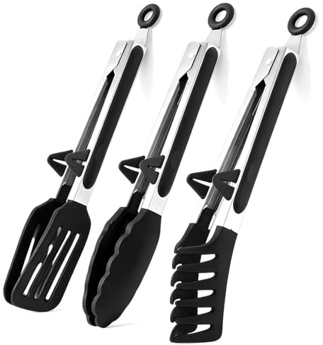 Dwitkul Lot de 3 Pince de Cuisine avec Embouts en Silicone Pince Alimentaire Resistants a la Chaleur Pince Cuisine Inox pour Cuisson, Salade, Pâtes (Noir, 27cm)